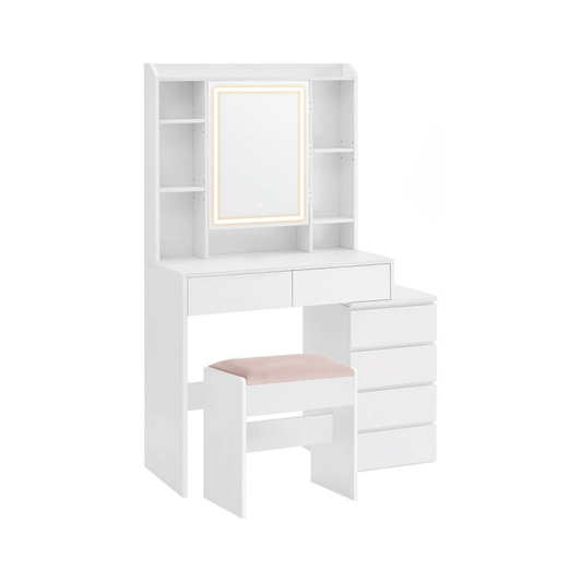 Schminktisch - Clara - in Wolkenweiß mit LED - Beleuchtung & Hocker - nestful