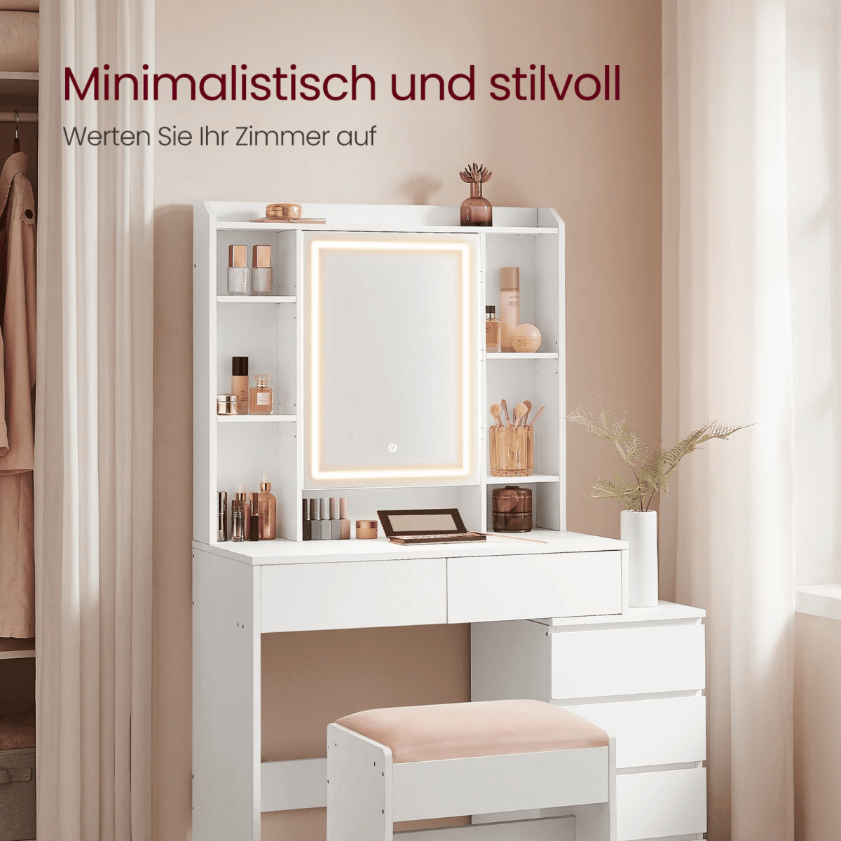 Schminktisch - Clara - in Wolkenweiß mit LED - Beleuchtung & Hocker - nestful