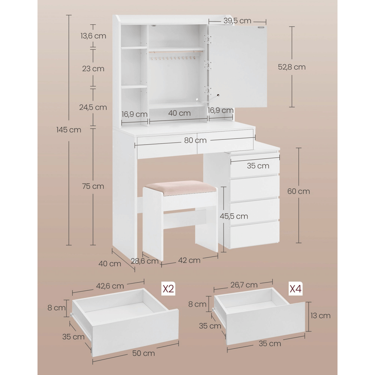 Schminktisch - Clara - in Wolkenweiß mit LED - Beleuchtung & Hocker - nestful