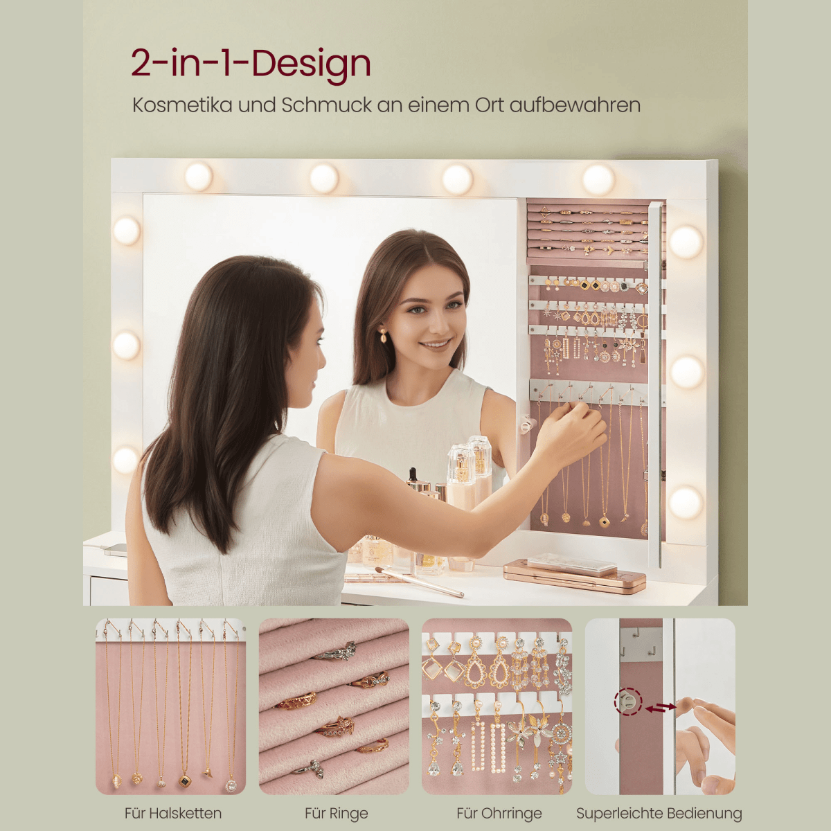 Schminktisch - Elaya - mit LED - Spiegel & viel Stauraum, Wolkenweiß - nestful