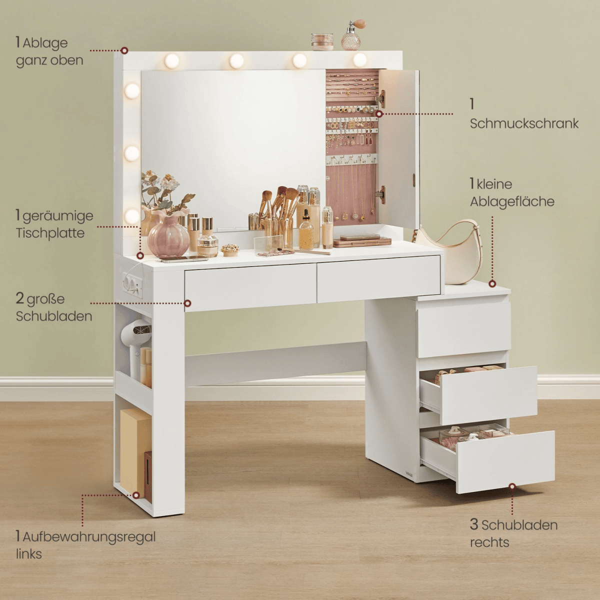 Schminktisch - Elaya - mit LED - Spiegel & viel Stauraum, Wolkenweiß - nestful
