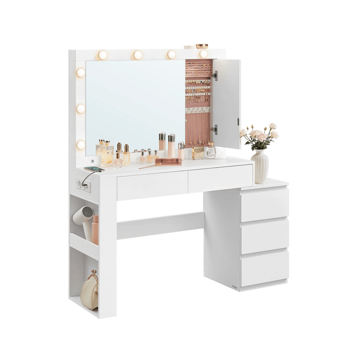 Schminktisch - Elaya - mit LED - Spiegel & viel Stauraum, Wolkenweiß - nestful