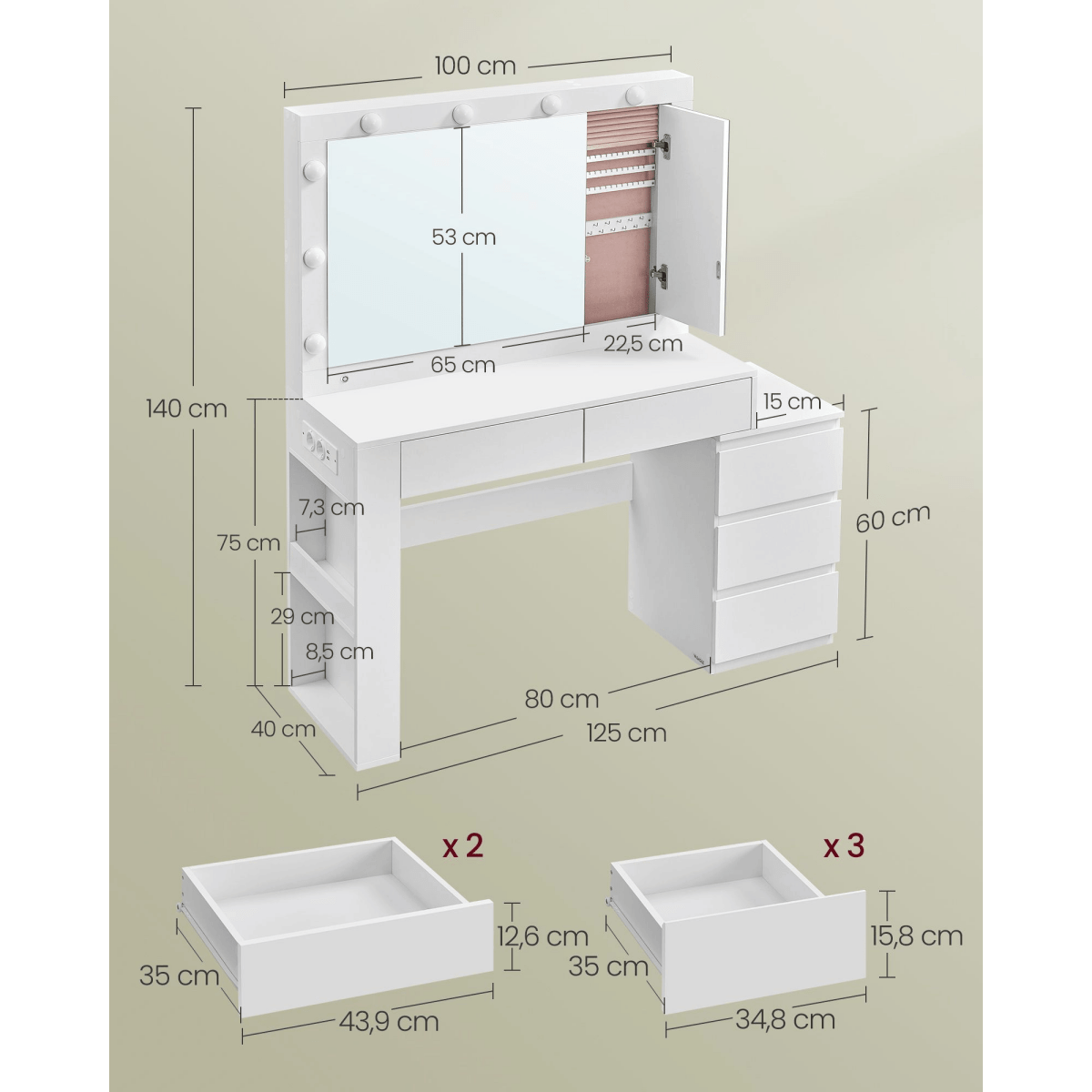 Schminktisch - Elaya - mit LED - Spiegel & viel Stauraum, Wolkenweiß - nestful
