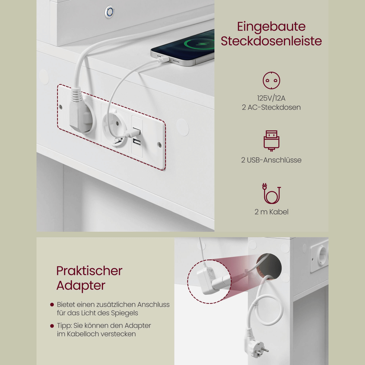 Schminktisch - Elaya - mit LED - Spiegel & viel Stauraum, Wolkenweiß - nestful