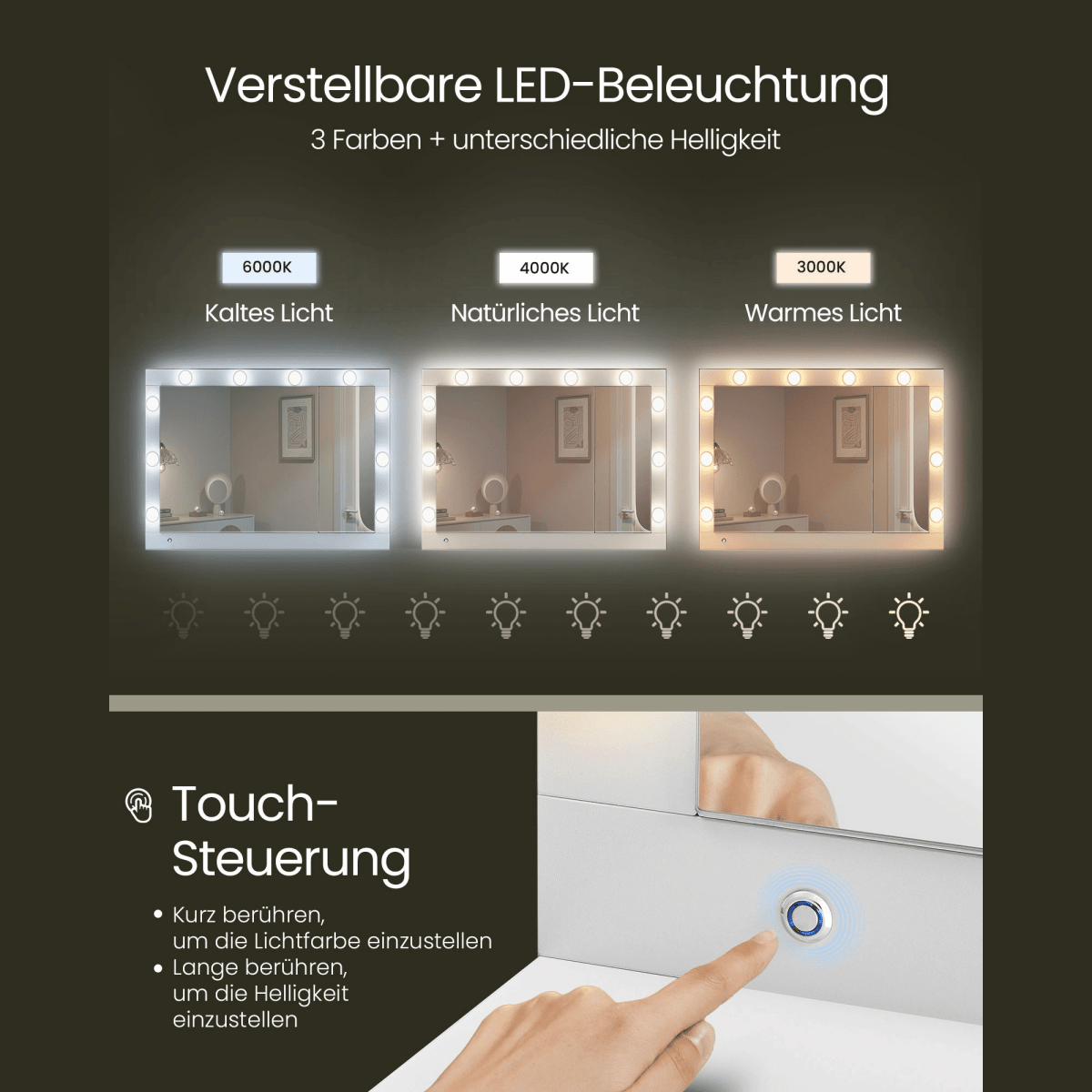Schminktisch - Elaya - mit LED - Spiegel & viel Stauraum, Wolkenweiß - nestful