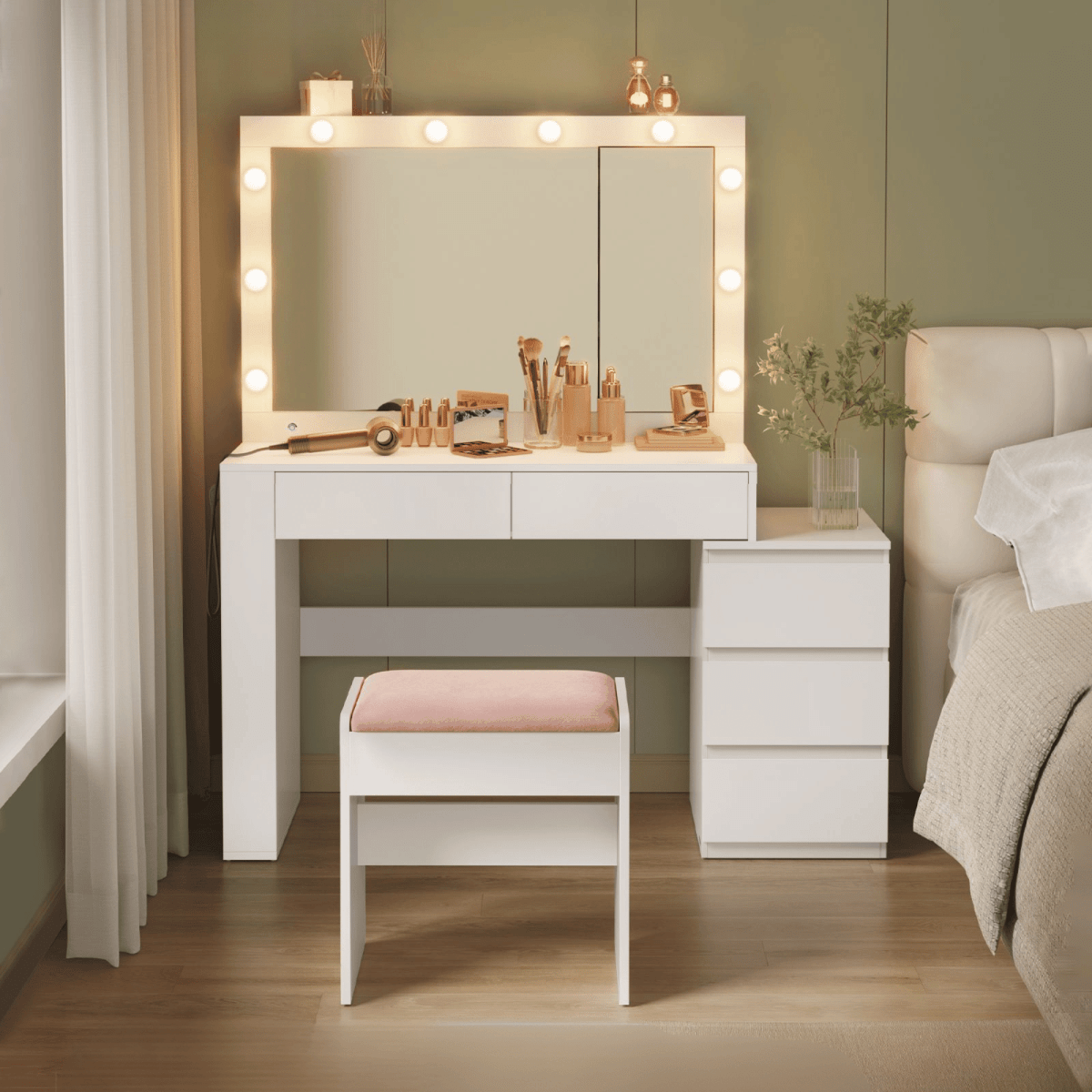 Schminktisch - Elaya - mit LED - Spiegel & viel Stauraum, Wolkenweiß - nestful
