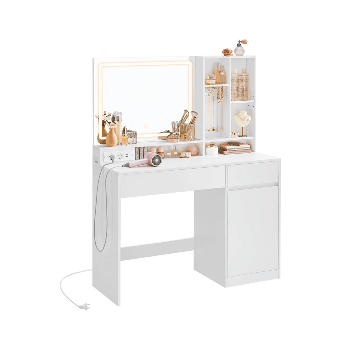 Schminktisch - Elena - mit LED - Spiegel & Ladestation in Weiß - nestful