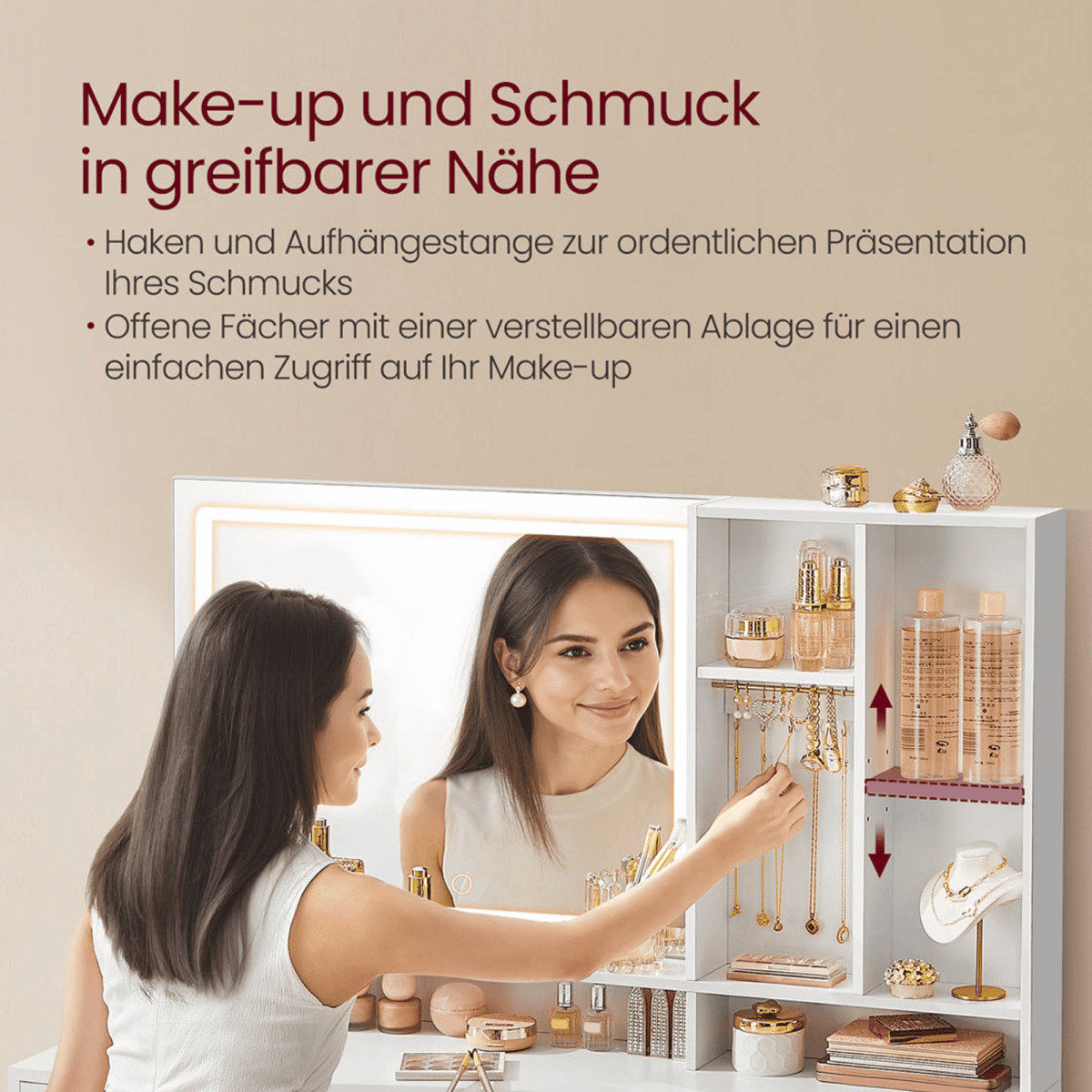 Schminktisch - Elena - mit LED - Spiegel & Ladestation in Weiß - nestful