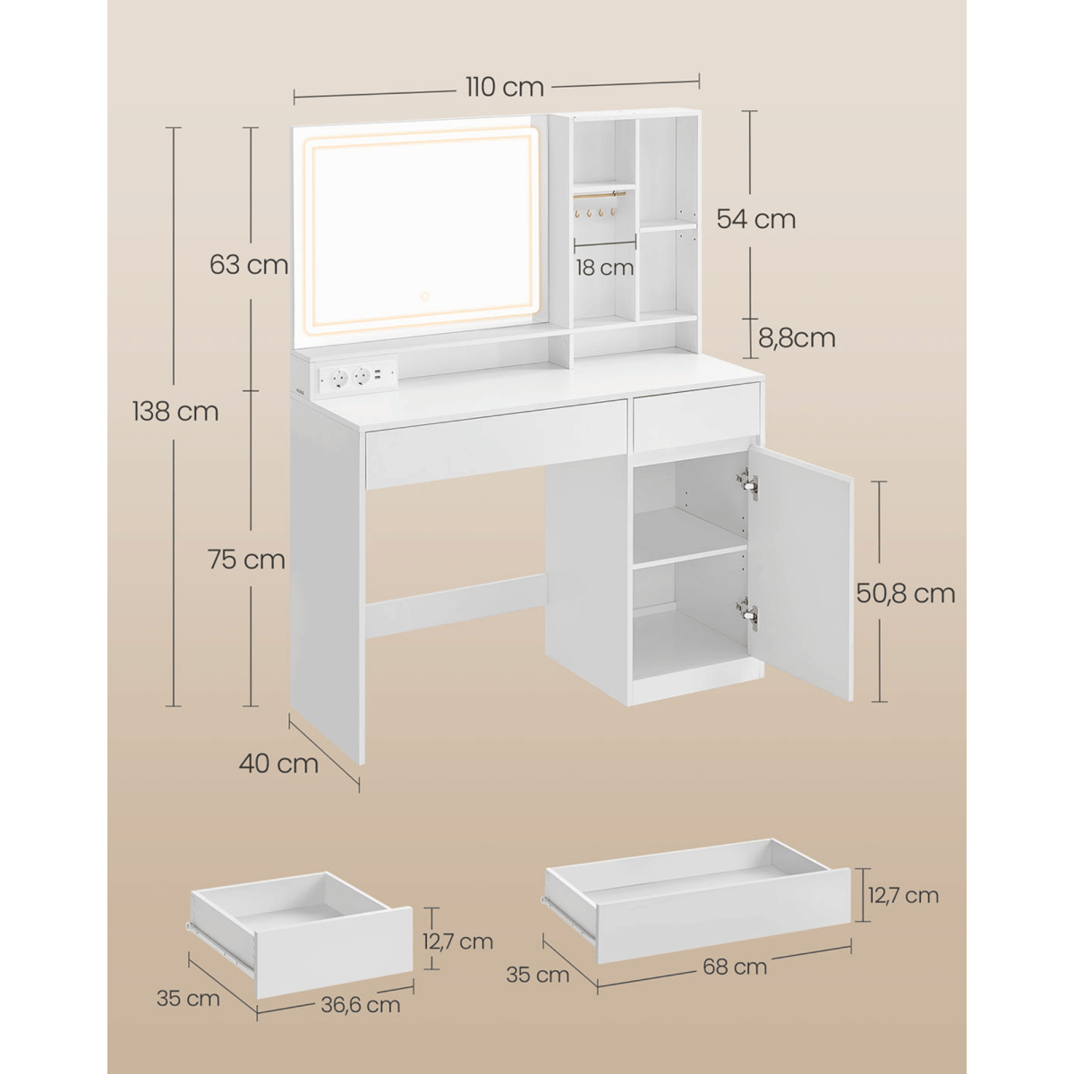 Schminktisch - Elena - mit LED - Spiegel & Ladestation in Weiß - nestful