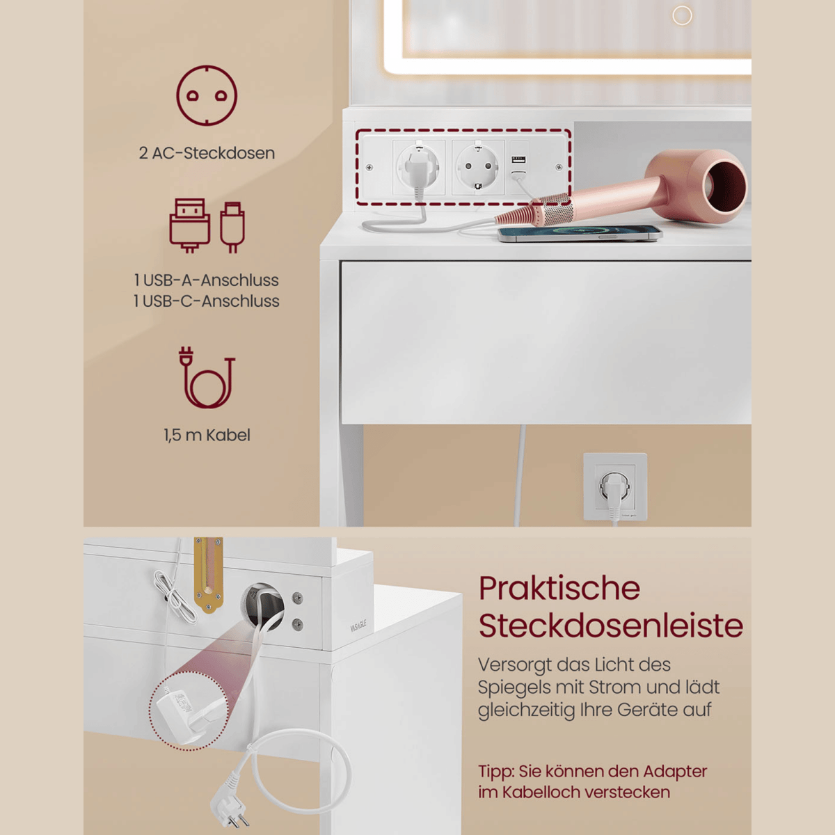 Schminktisch - Elena - mit LED - Spiegel & Ladestation in Weiß - nestful