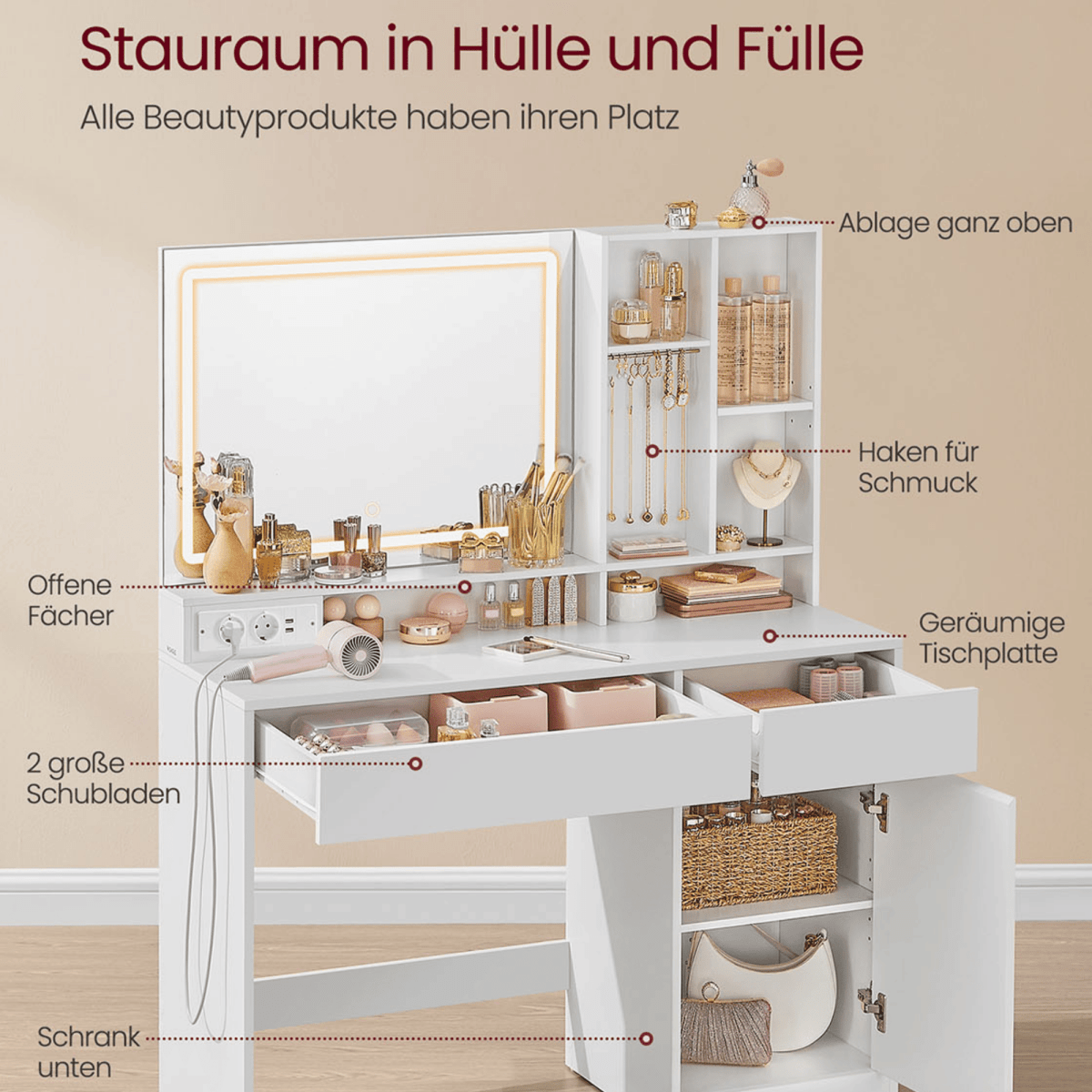 Schminktisch - Elena - mit LED - Spiegel & Ladestation in Weiß - nestful