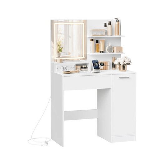 Schminktisch - Elina - mit LED - Spiegel, Steckdosen & Ablagen – Weiß, 80 cm - nestful