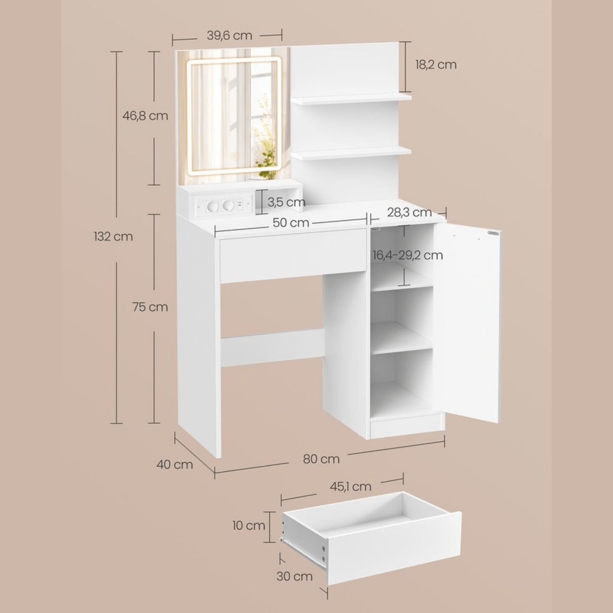 Schminktisch - Elina - mit LED - Spiegel, Steckdosen & Ablagen – Weiß, 80 cm - nestful