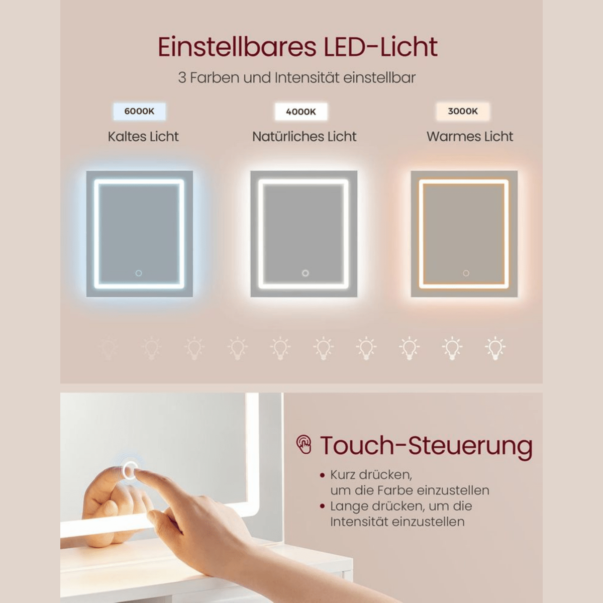 Schminktisch - Elina - mit LED - Spiegel, Steckdosen & Ablagen – Weiß, 80 cm - nestful