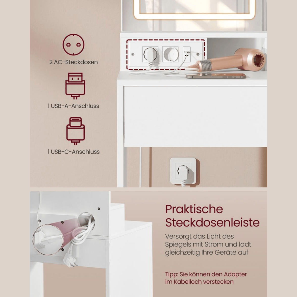 Schminktisch - Elina - mit LED - Spiegel, Steckdosen & Ablagen – Weiß, 80 cm - nestful