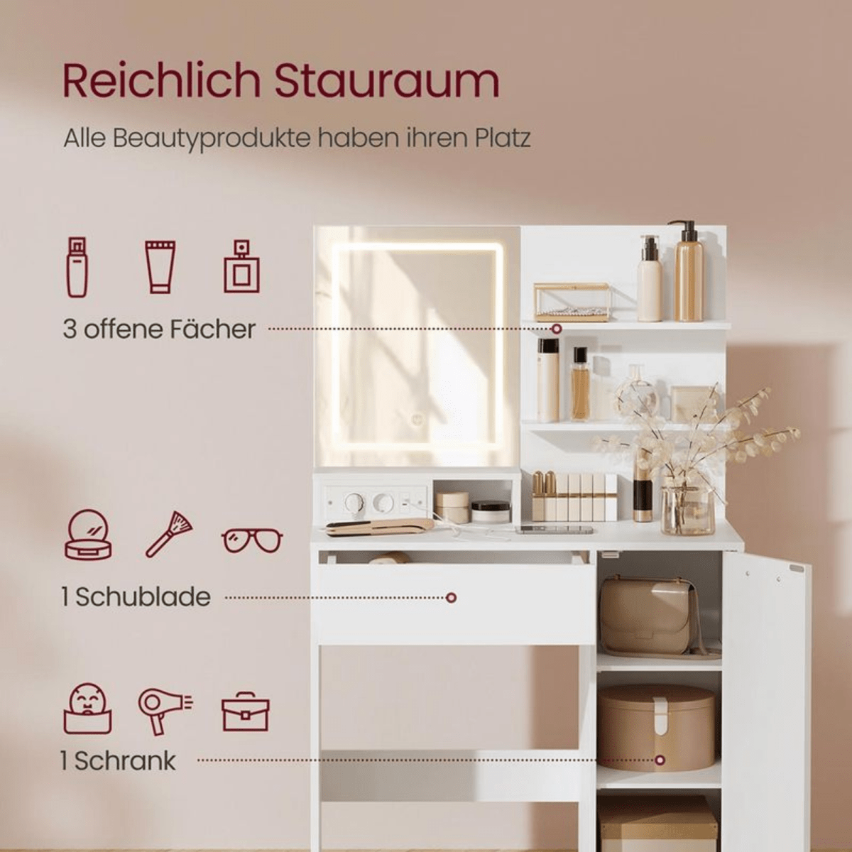 Schminktisch - Elina - mit LED - Spiegel, Steckdosen & Ablagen – Weiß, 80 cm - nestful