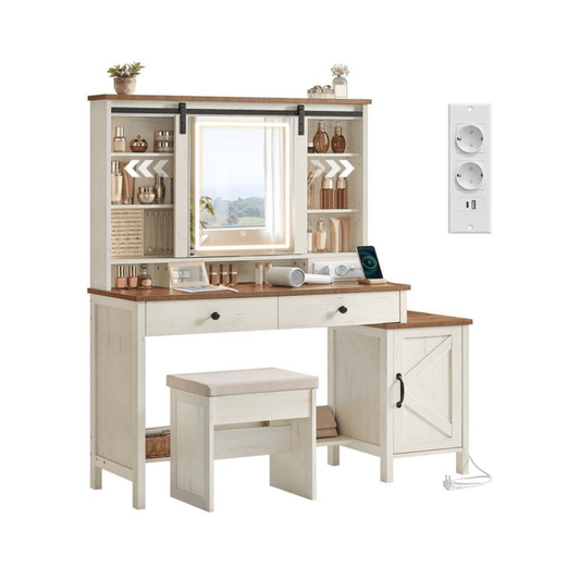 Schminktisch - Elise - in Weiß mit Spiegel, Licht & Hocker - nestful