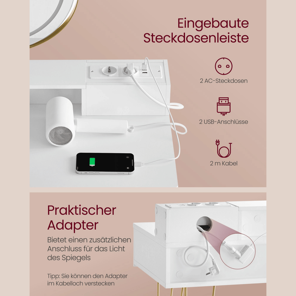 Schminktisch - Elodie - in Weiß mit Spiegel, Licht & Hocker - nestful