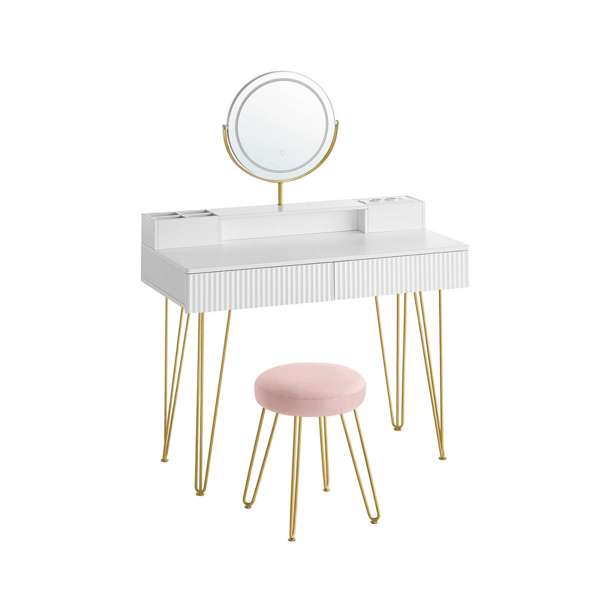 Schminktisch - Elodie - in Weiß mit Spiegel, Licht & Hocker - nestful