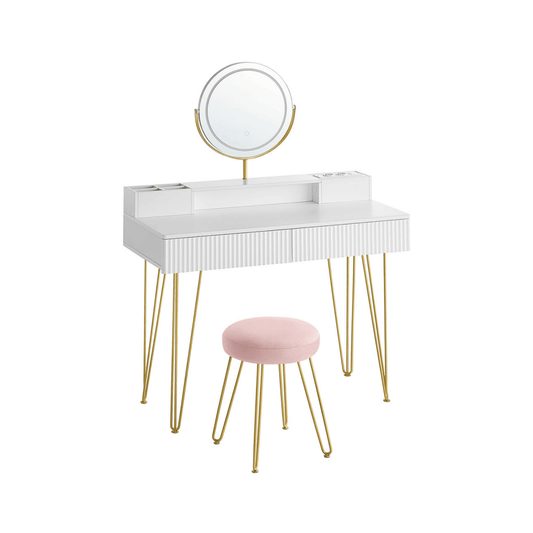 Schminktisch - Elodie - in Weiß mit Spiegel, Licht & Hocker - nestful