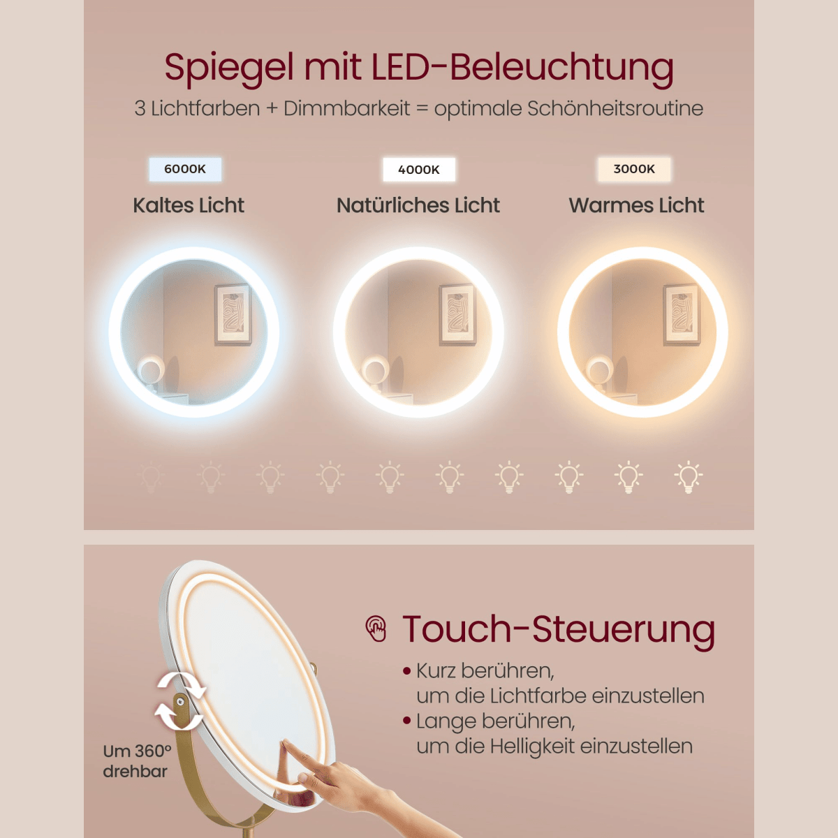 Schminktisch - Elodie - in Weiß mit Spiegel, Licht & Hocker - nestful