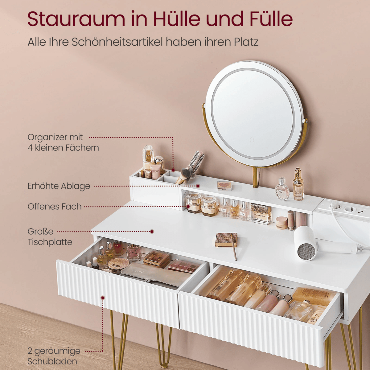 Schminktisch - Elodie - in Weiß mit Spiegel, Licht & Hocker - nestful