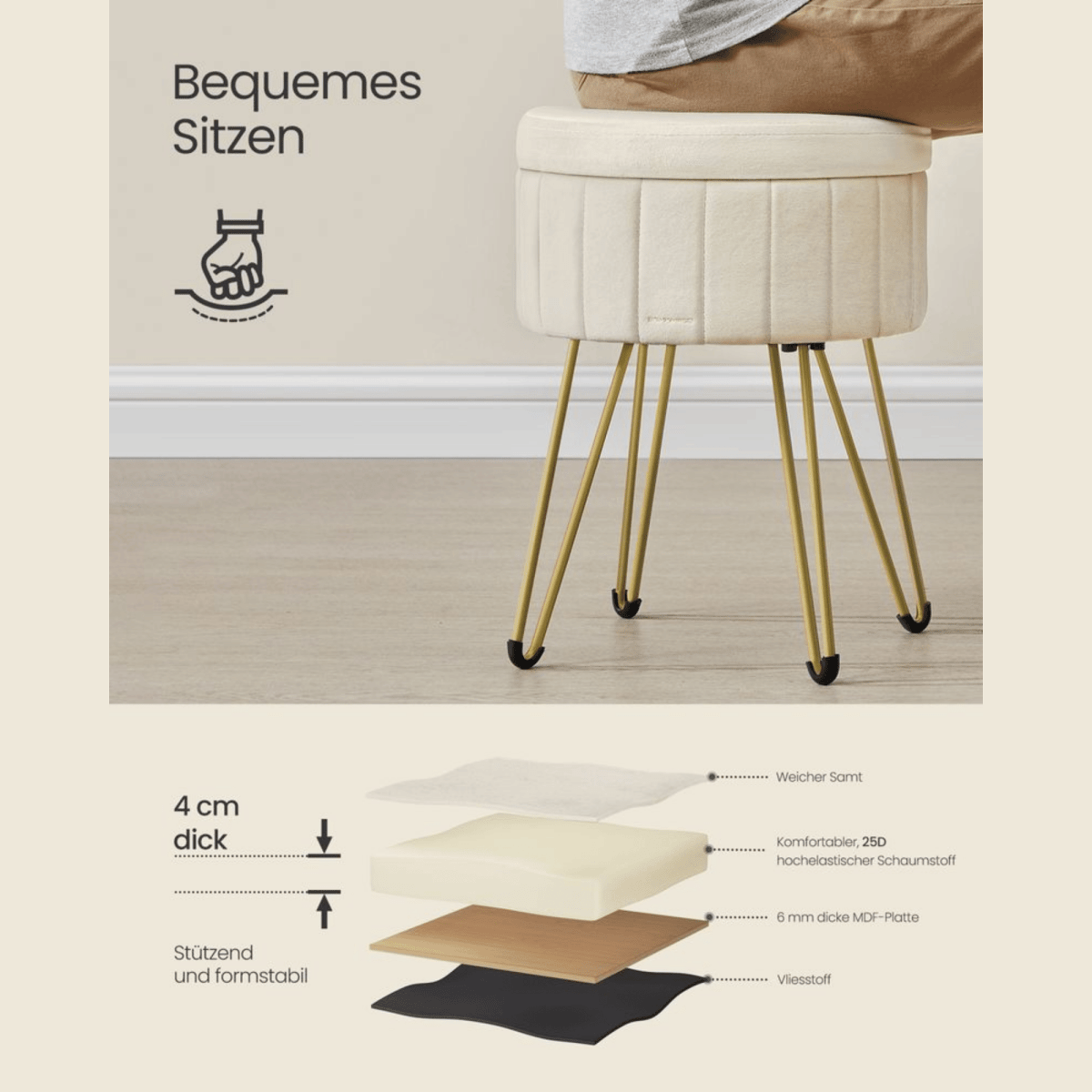 Schminktisch Hocker - Aveline - mit Stauraum, 4 Farben - nestful