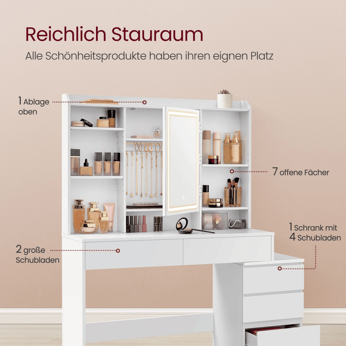 Schminktisch - Liv - in Wolkenweiß mit LED - Beleuchtung - nestful