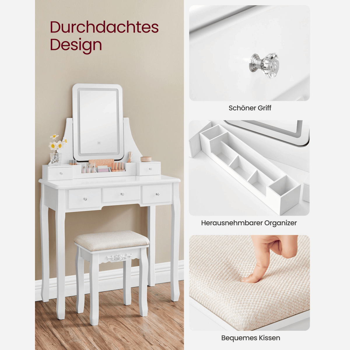Schminktisch - Luna - in Weiß mit LED - Beleuchtung & Hocker - nestful