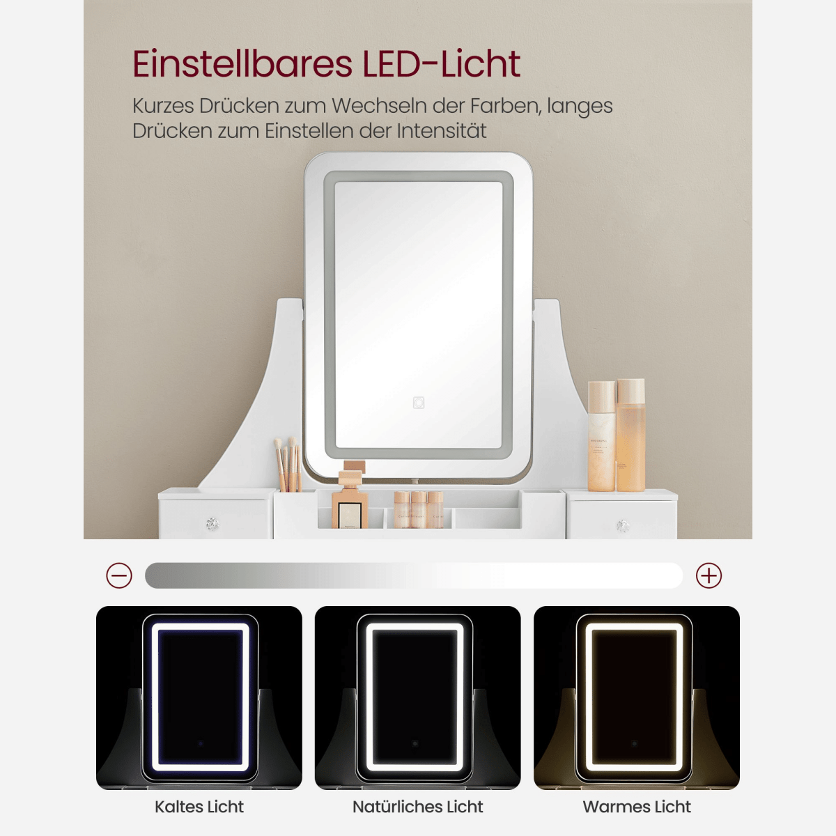 Schminktisch - Luna - in Weiß mit LED - Beleuchtung & Hocker - nestful
