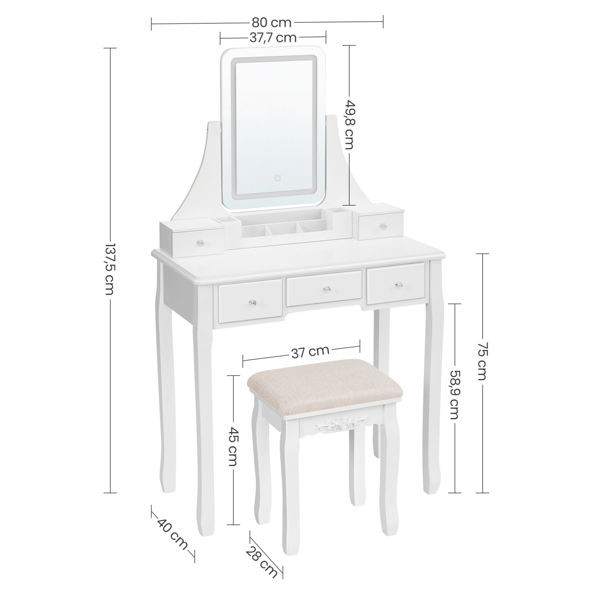 Schminktisch - Luna - in Weiß mit LED - Beleuchtung & Hocker - nestful