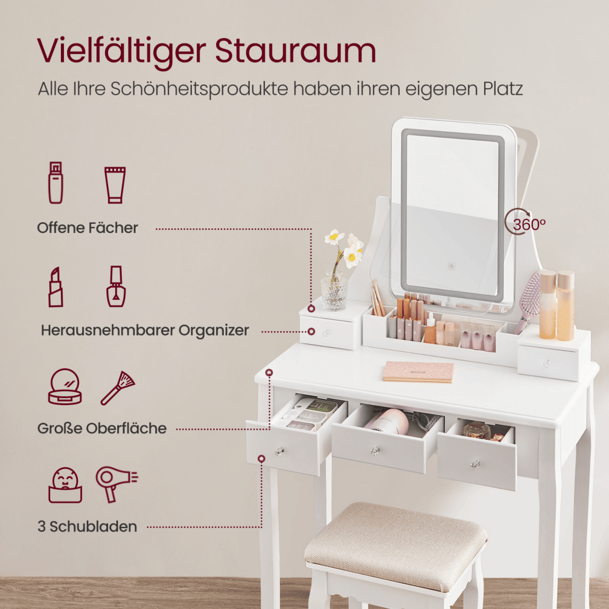 Schminktisch - Luna - in Weiß mit LED - Beleuchtung & Hocker - nestful