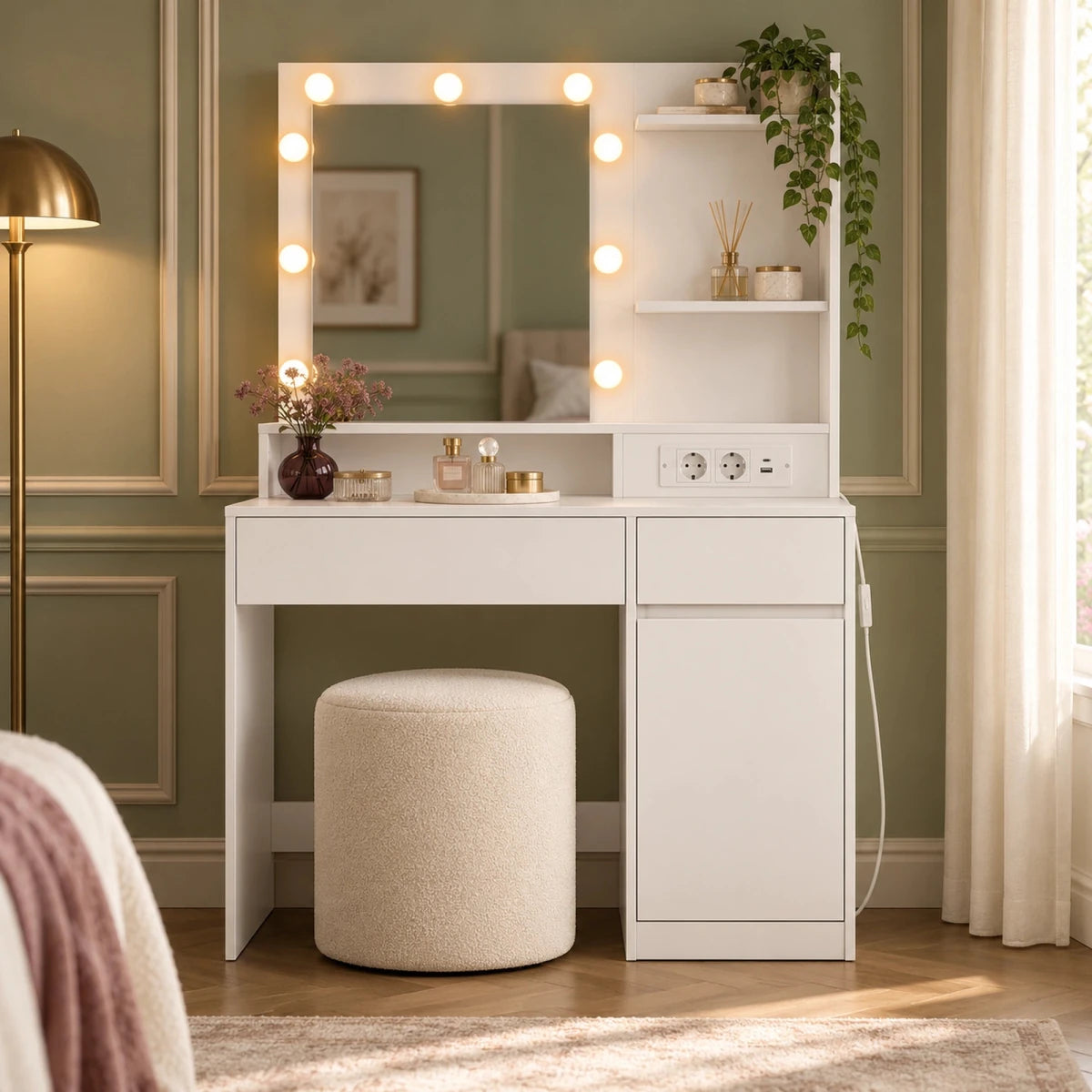 Schminktisch mit beleuchtetem Spiegel und Seitenschrank Mila – 80 cm - nestful