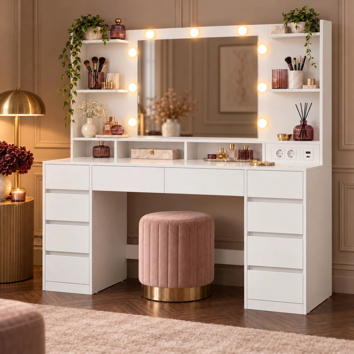 Schminktisch mit LED-Spiegel und 10 Schubladen Valeria – 137 cm - nestful