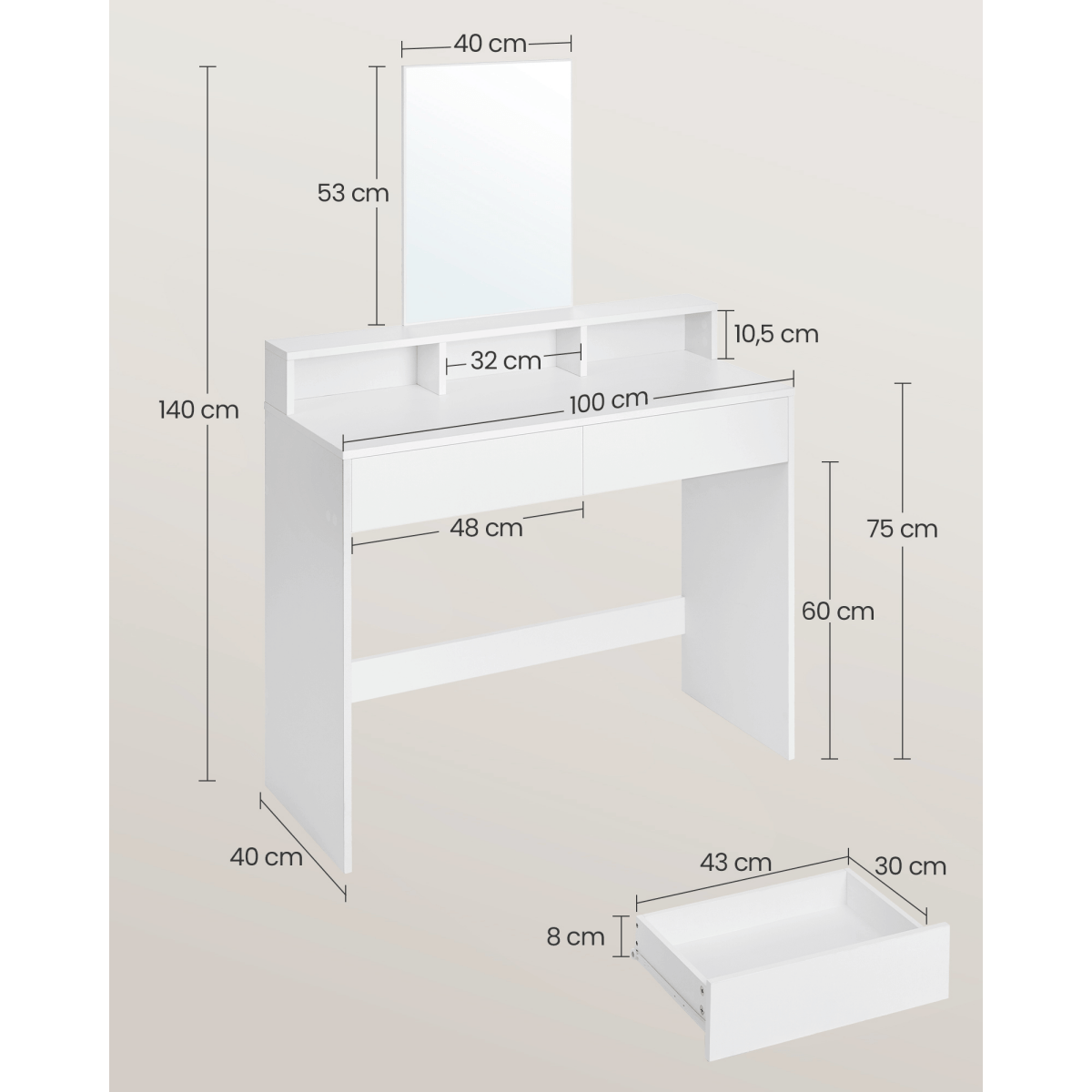 Schminktisch - Niva - mit großem Spiegel in Weiß - nestful