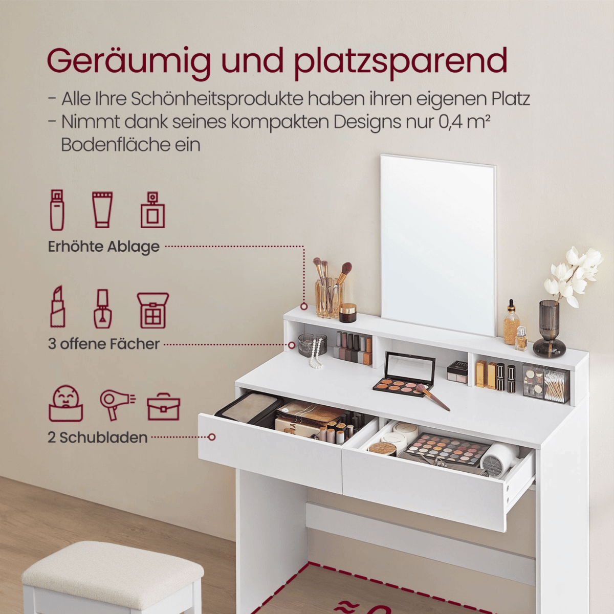 Schminktisch - Niva - mit großem Spiegel in Weiß - nestful