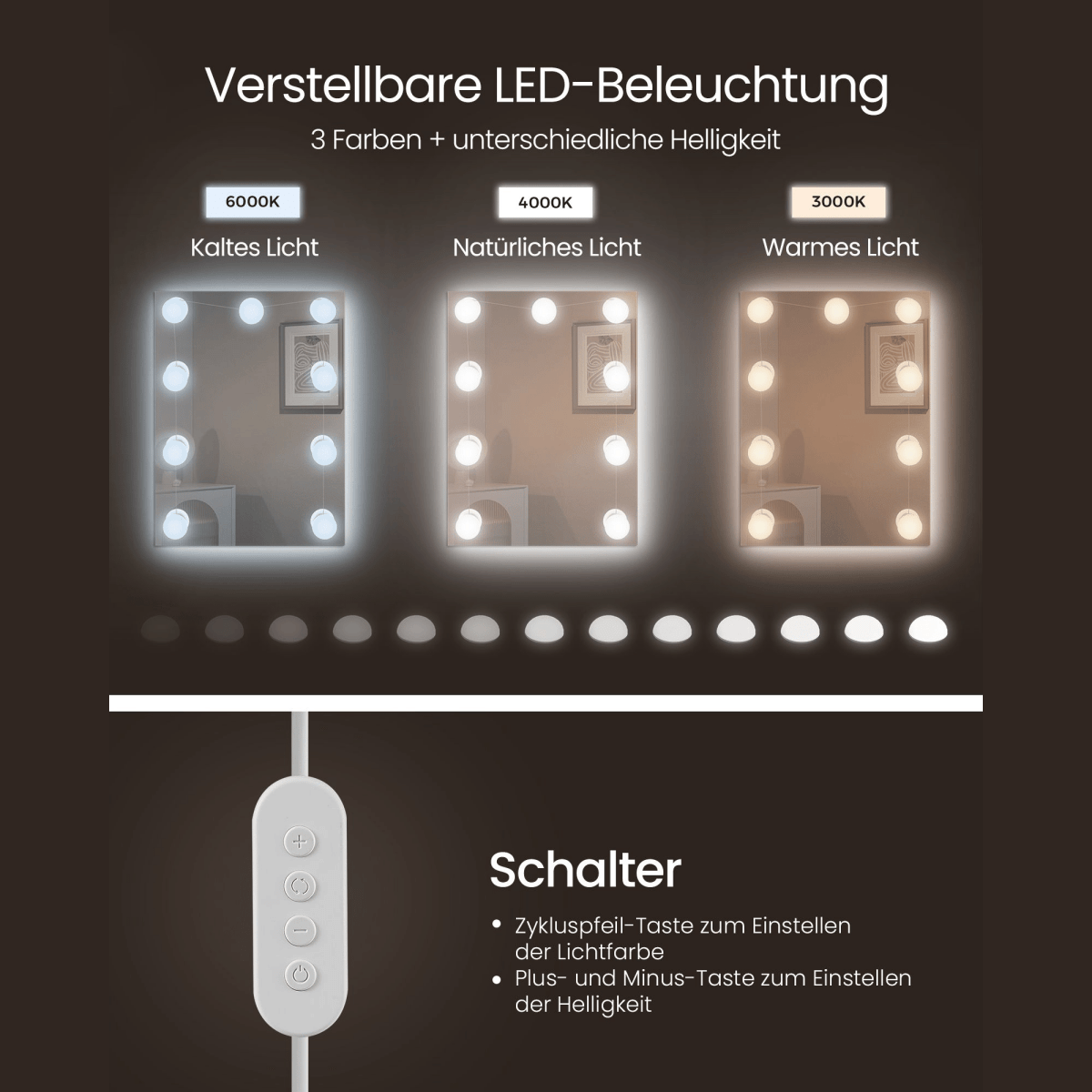Schminktisch - Norah - mit LED - Spiegel & Schubladen, Wolkenweiß - nestful