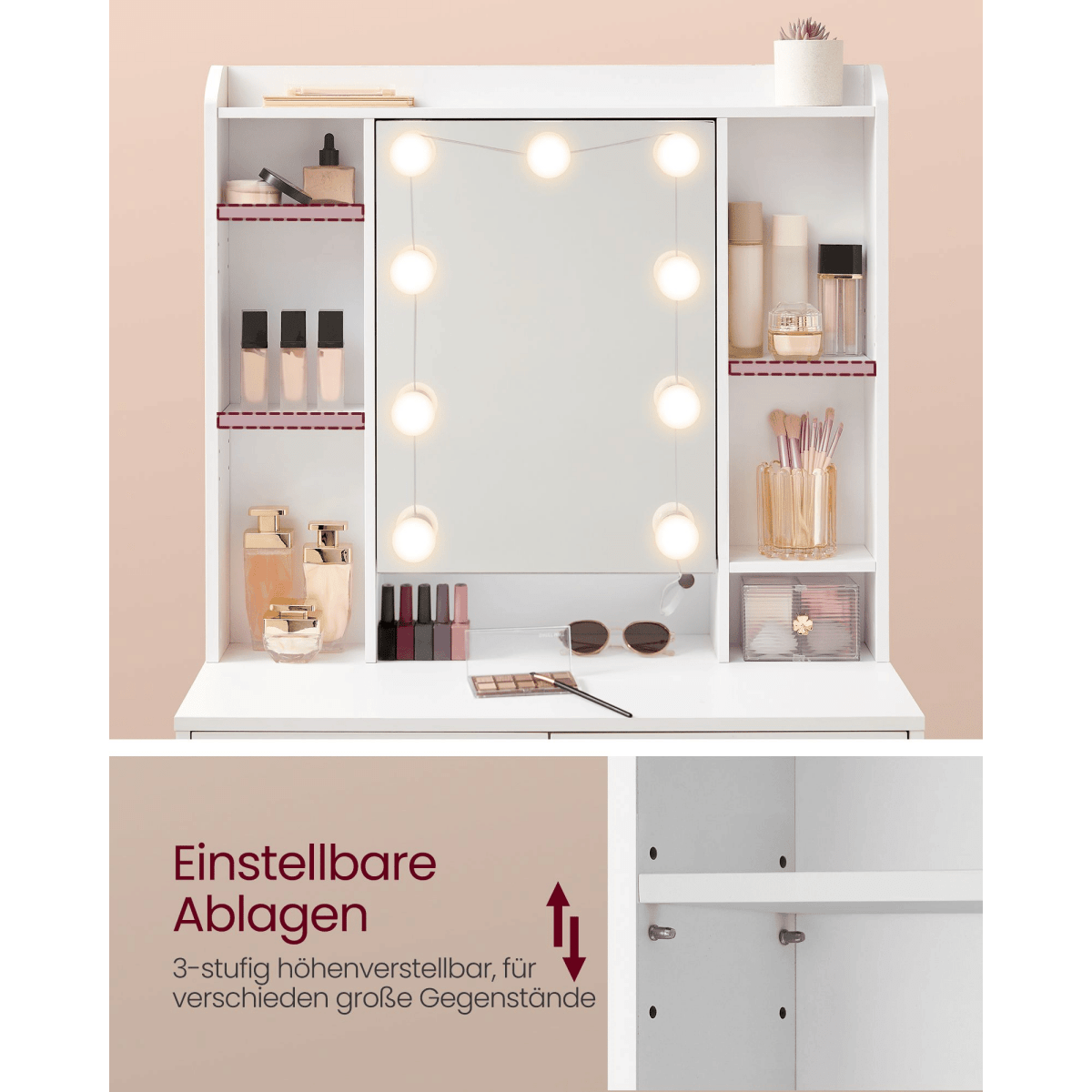 Schminktisch - Norah - mit LED - Spiegel & Schubladen, Wolkenweiß - nestful