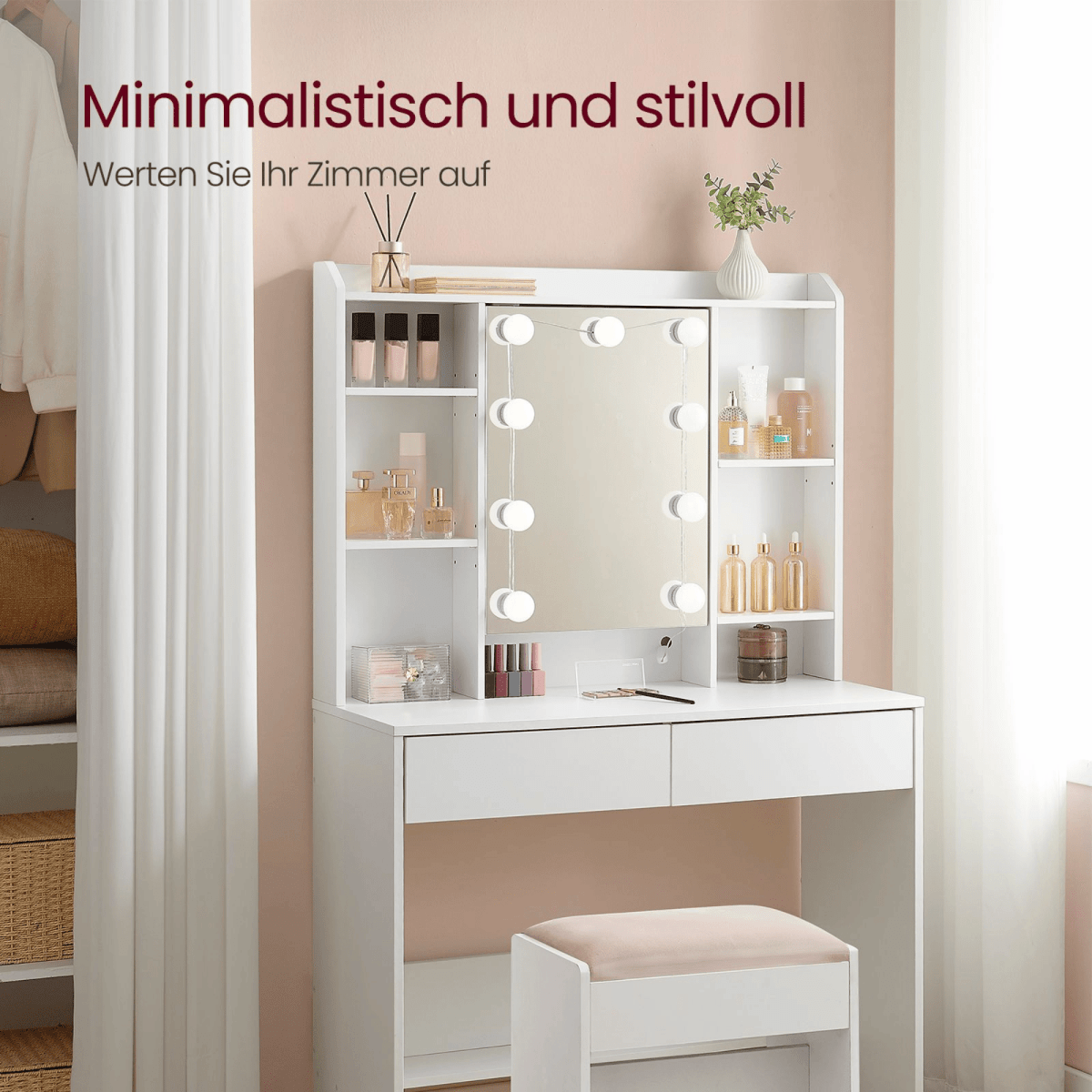 Schminktisch - Norah - mit LED - Spiegel & Schubladen, Wolkenweiß - nestful