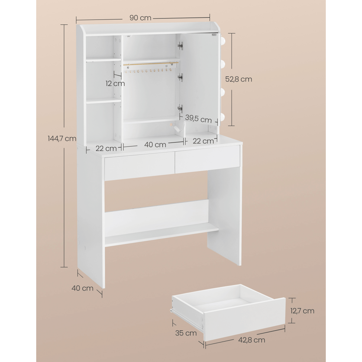 Schminktisch - Norah - mit LED - Spiegel & Schubladen, Wolkenweiß - nestful
