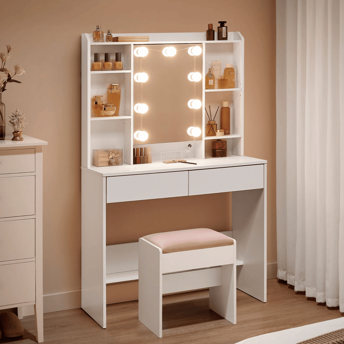 Schminktisch - Norah - mit LED - Spiegel & Schubladen, Wolkenweiß - nestful