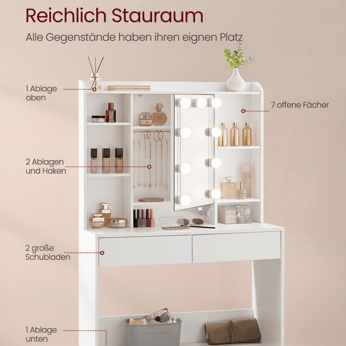 Schminktisch - Norah - mit LED - Spiegel & Schubladen, Wolkenweiß - nestful