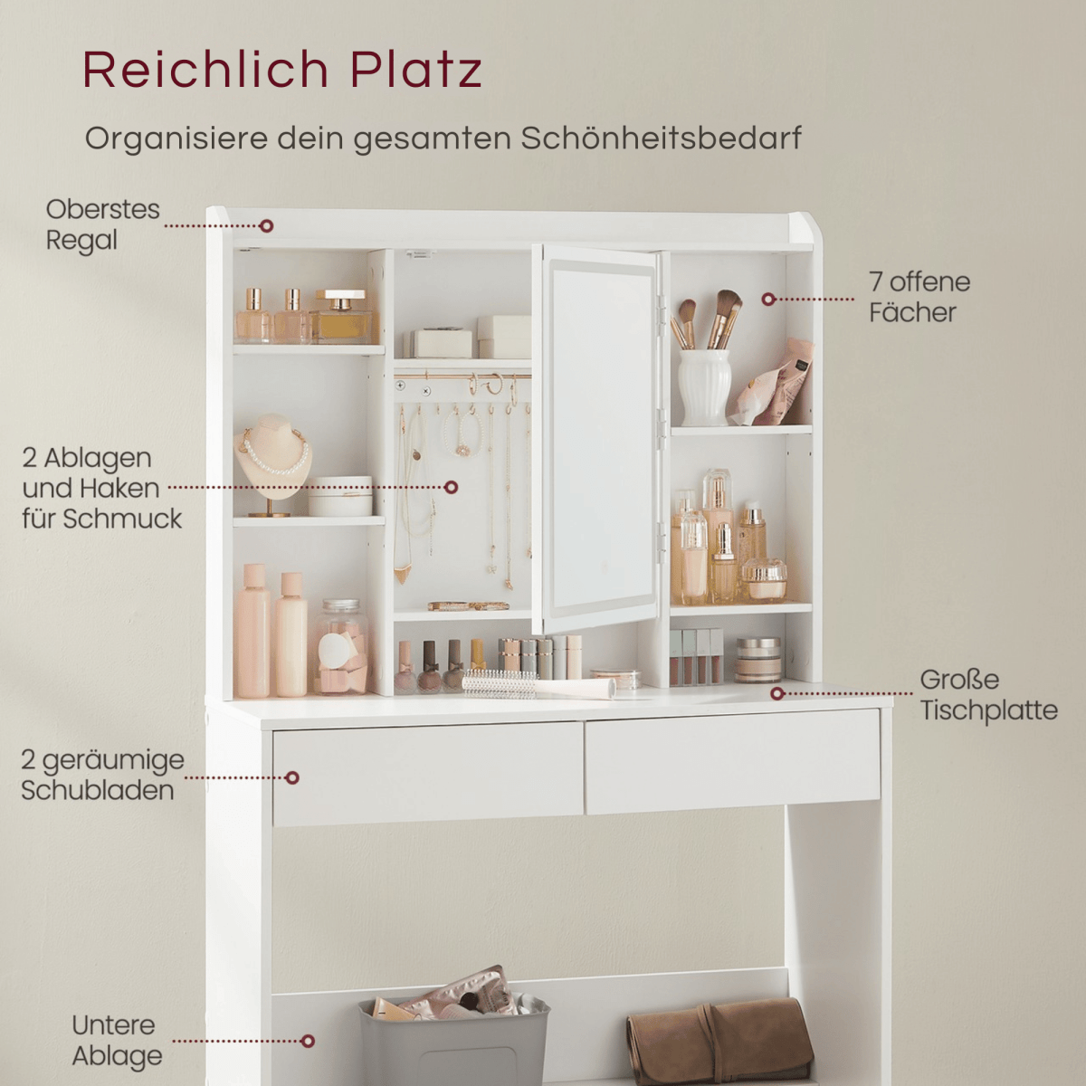 Schminktisch - Nova - mit LED - Beleuchtung - nestful