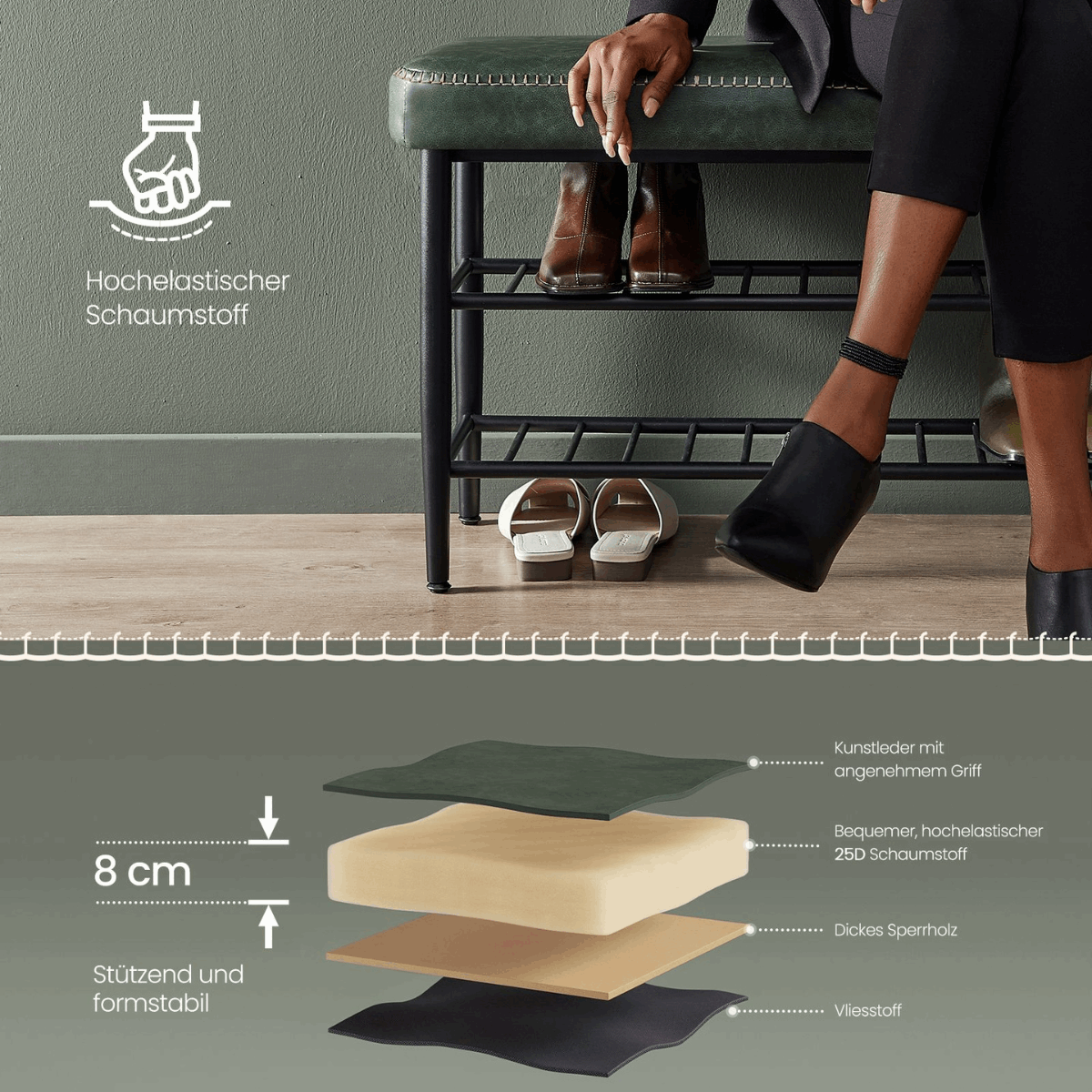 Schuhbank - Elena - mit Sitzbank - Waldgrün - nestful