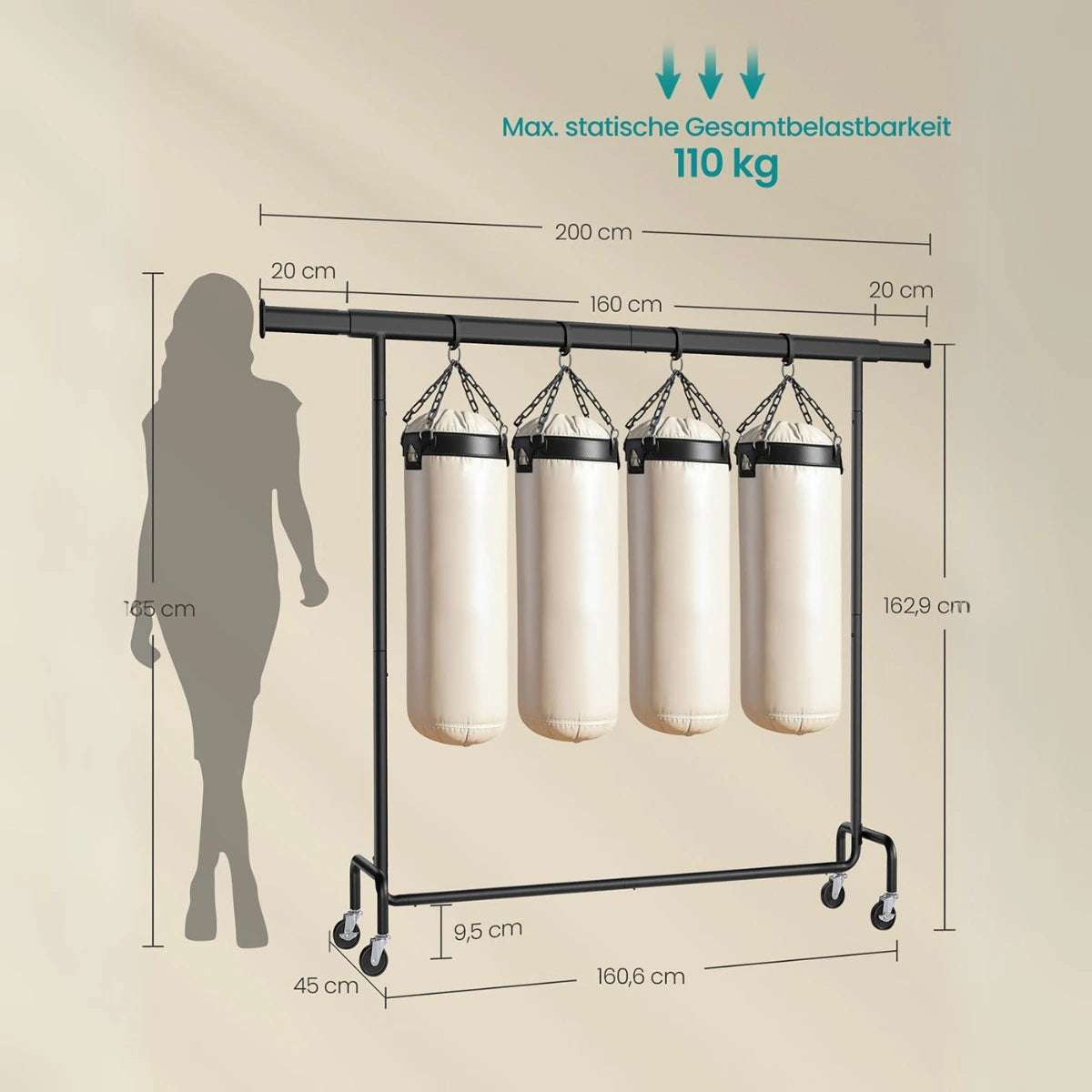 Schwerlast - Kleiderständer 45 x (160 - 200) x 162,9 cm – Max - Ausziehbar mit Rollen - nestful