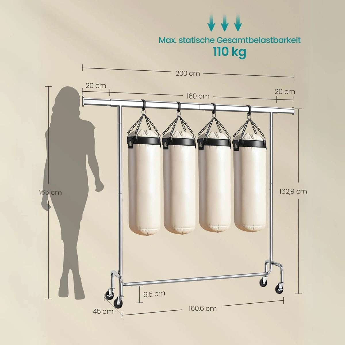 Schwerlast - Kleiderständer 45 x (160 - 200) x 162,9 cm – Max - Ausziehbar mit Rollen - nestful