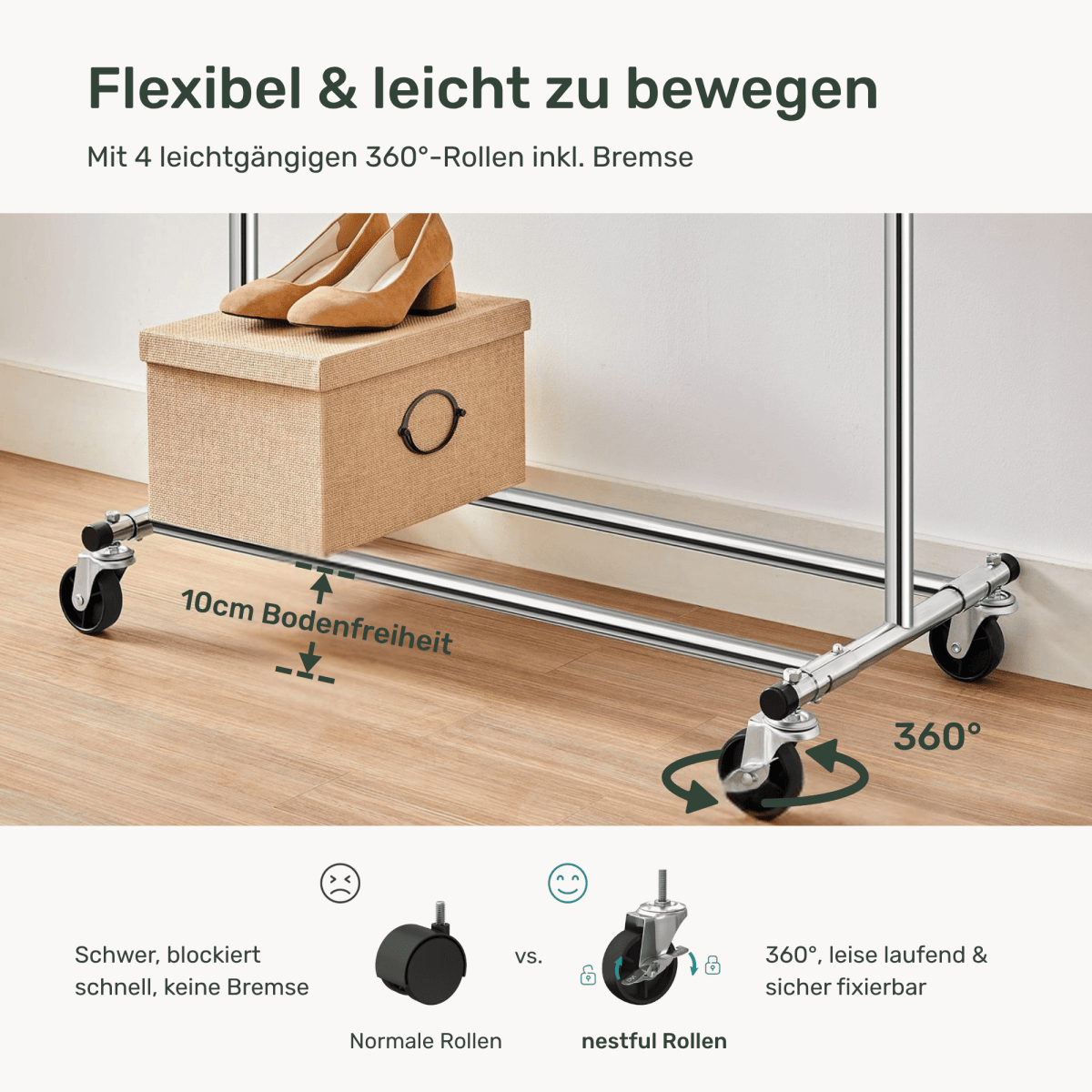 Schwerlast - Kleiderständer 90kg – Ben - Ausziehbar mit Rollen - nestful