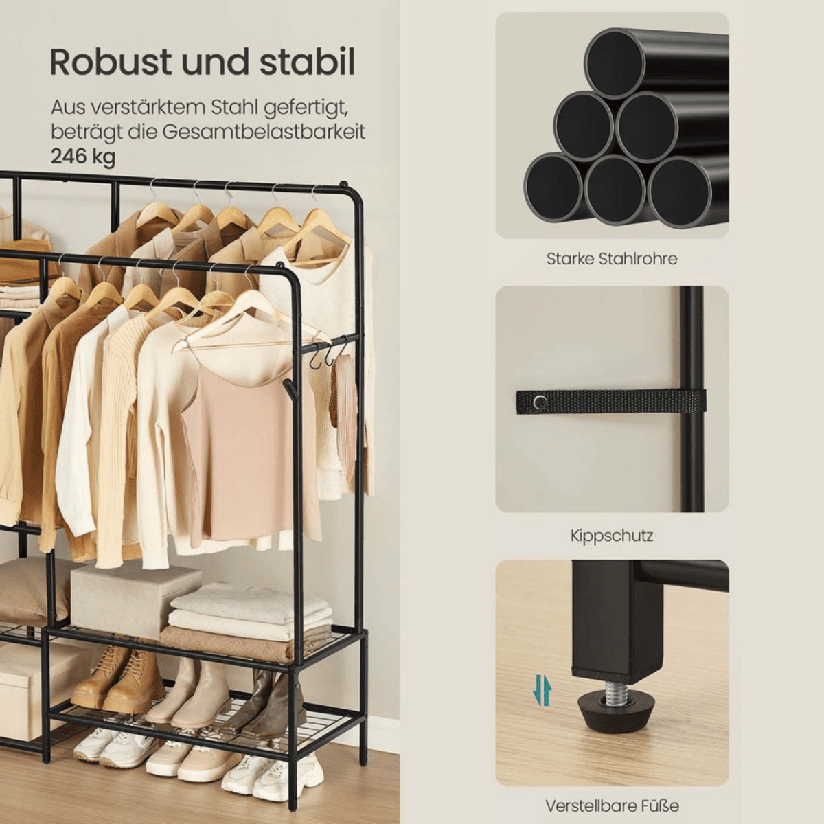 Schwerlast - Kleiderständer Schwarz – Leon – 150 kg, Stehend mit Ablagen - nestful
