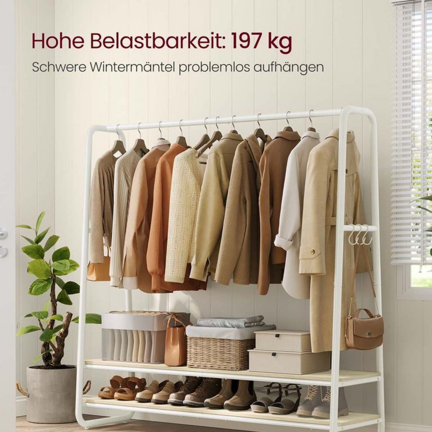 Premium Stahl Kleiderständer 200kg – Jonas - Stehend mit 2 Holzablagen