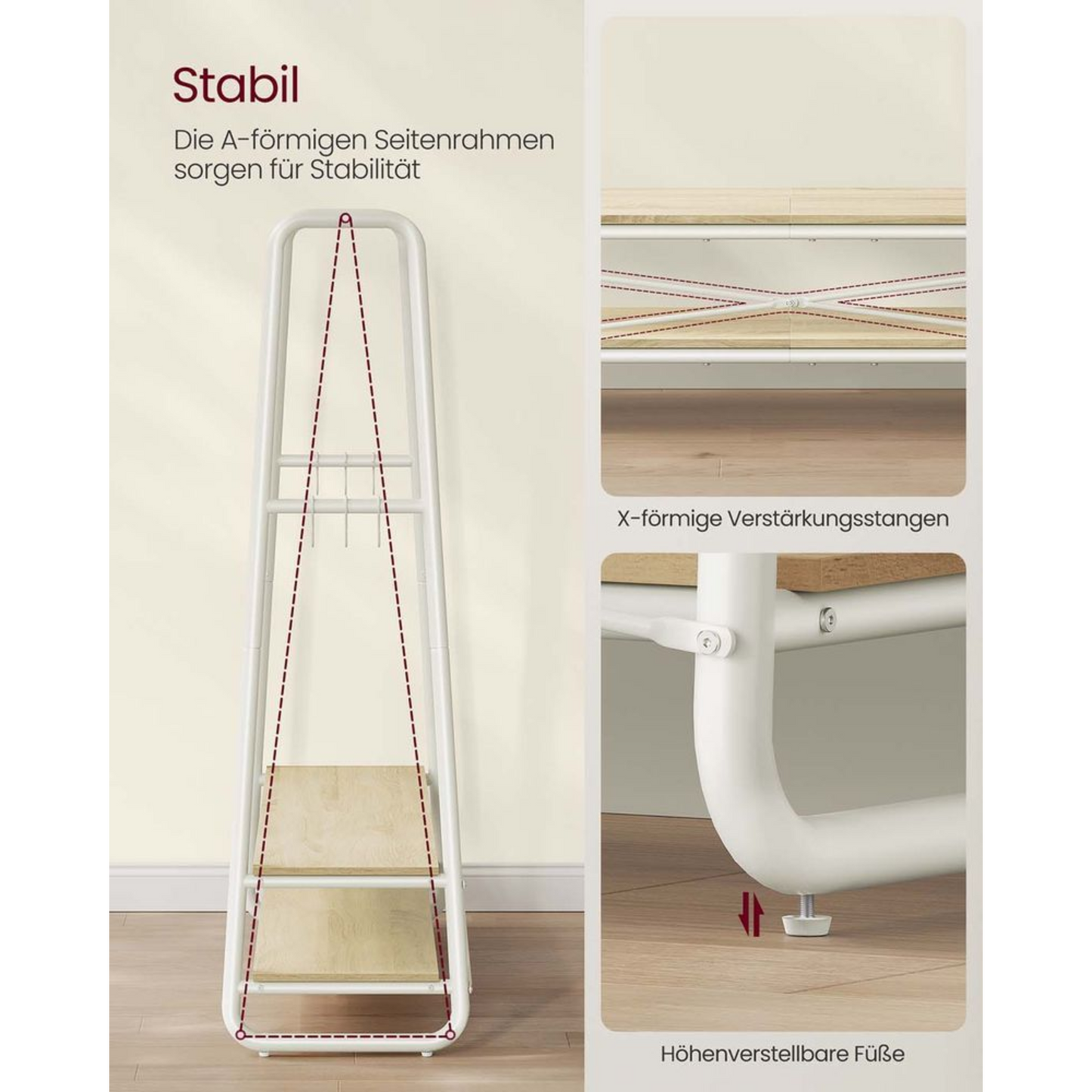 Premium Stahl Kleiderständer 200kg – Jonas - Stehend mit 2 Holzablagen